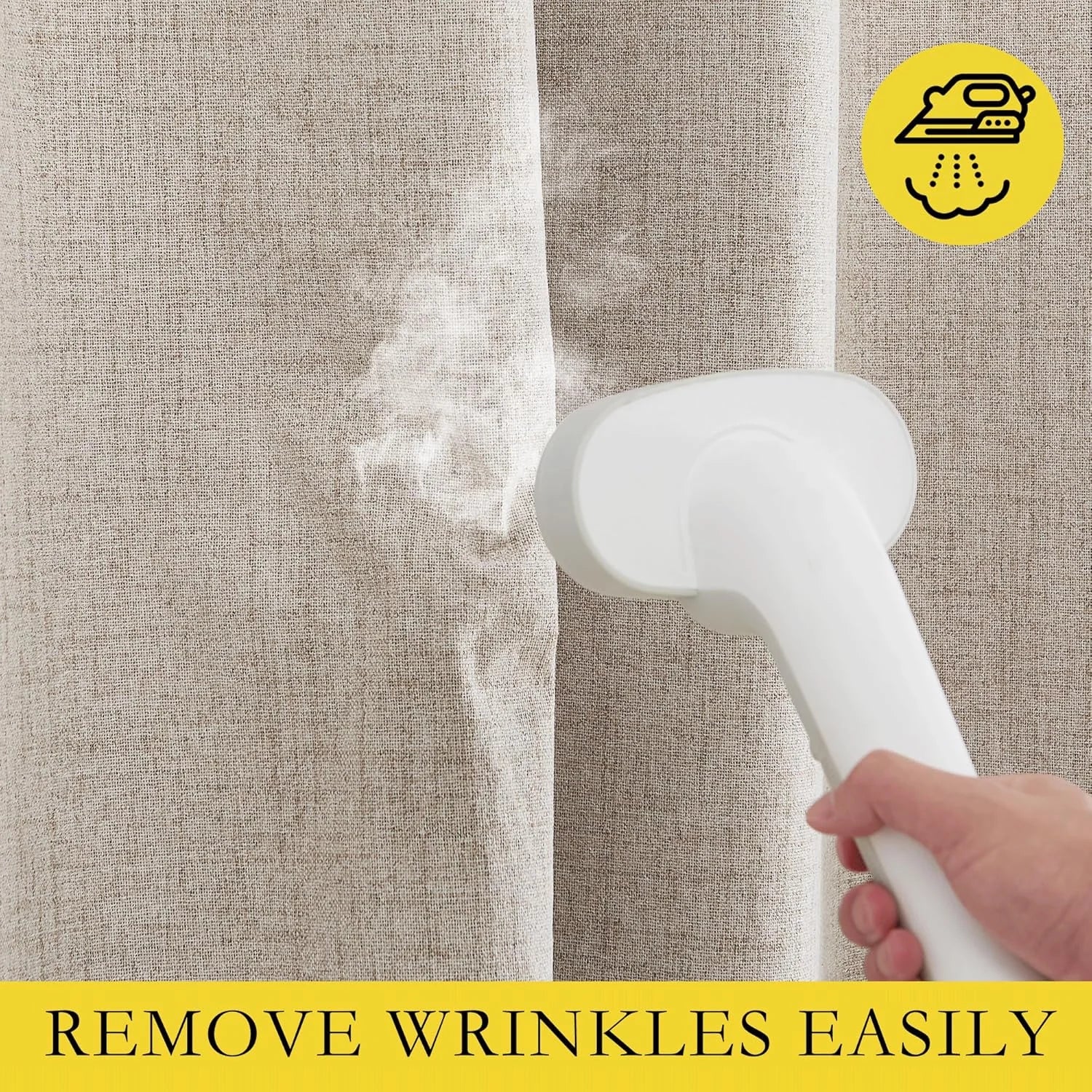 Handheld steamer removing wrinkles from beige linen-look curtain fabric