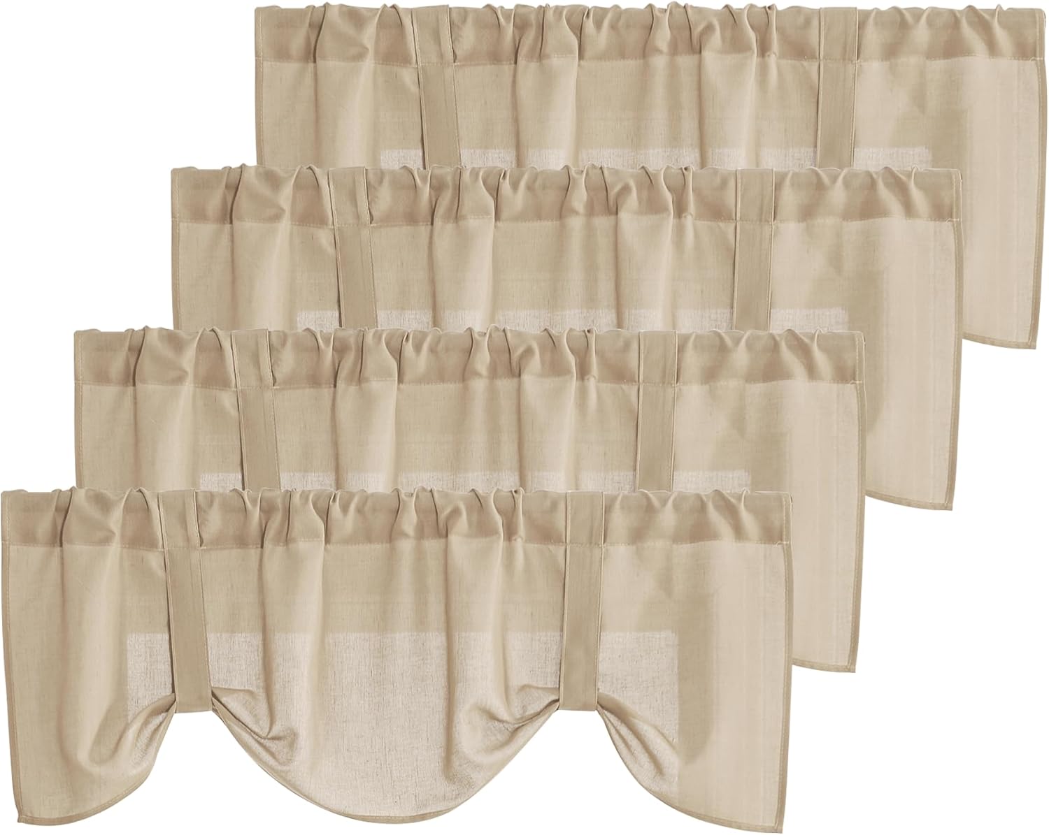Four beige linen-look tab top window valances, the bottom one tied up in a decorative style.