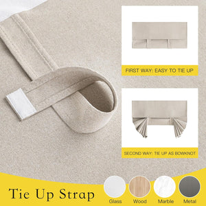 Beige linen-look tie-up strap demonstrating roll-up and decorative bowknot styles on a window curtain.