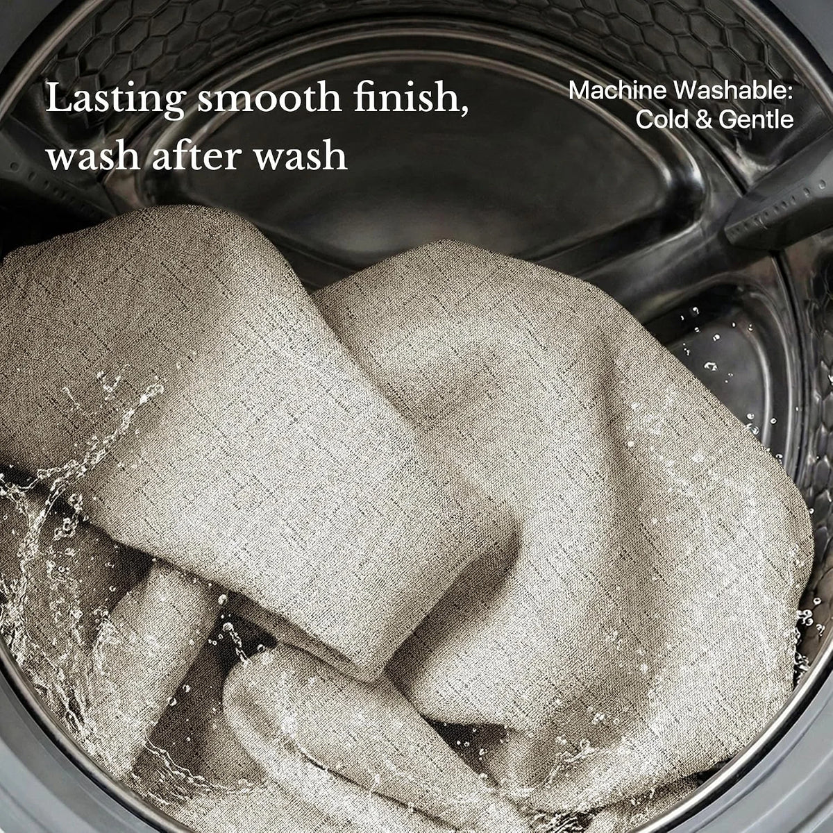 Beige linen-look fabric in a washing machine drum, highlighting machine washable care