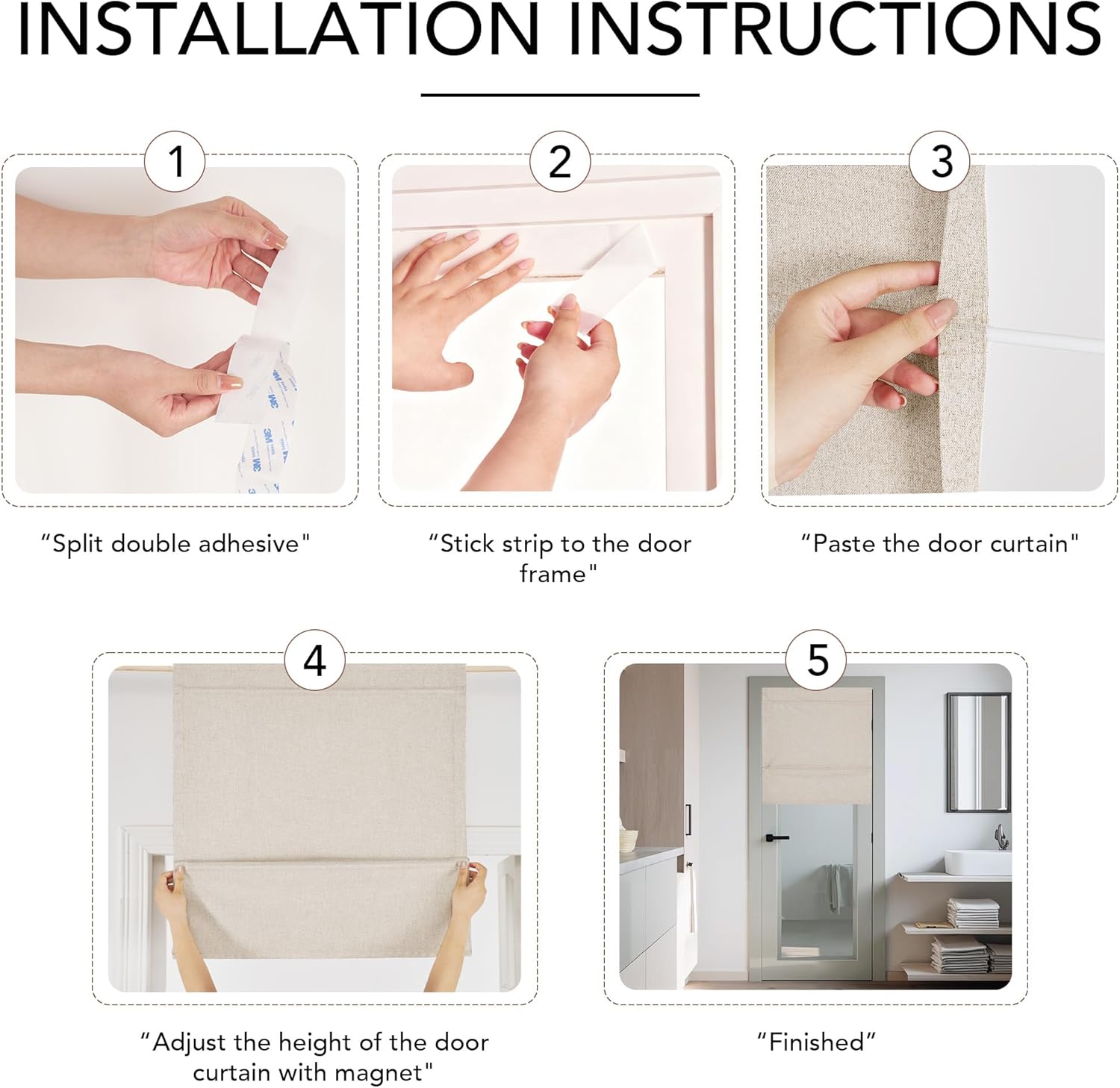 Hands demonstrating no-drill installation of a beige linen-textured magnetic roll-up door curtain.