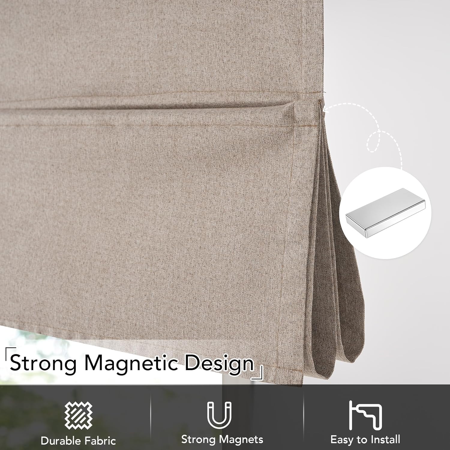 Beige textured linen magnetic Roman shade, featuring its durable fabric and adjustable magnetic folds.