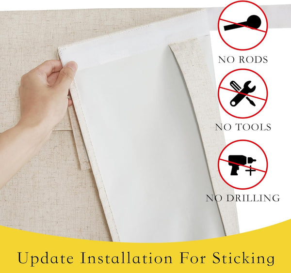 Hand demonstrating easy, no-drill installation of a beige linen textured blackout window shade with white backing.