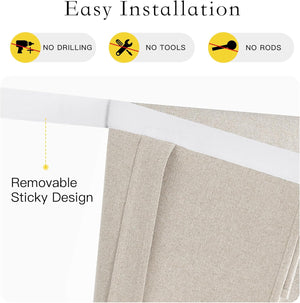 Close-up of light beige linen-textured window blind with a white self-adhesive top for no-drill installation.