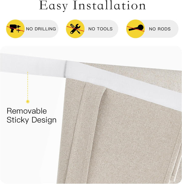 Close-up of light beige linen-textured window blind with a white self-adhesive top for no-drill installation.