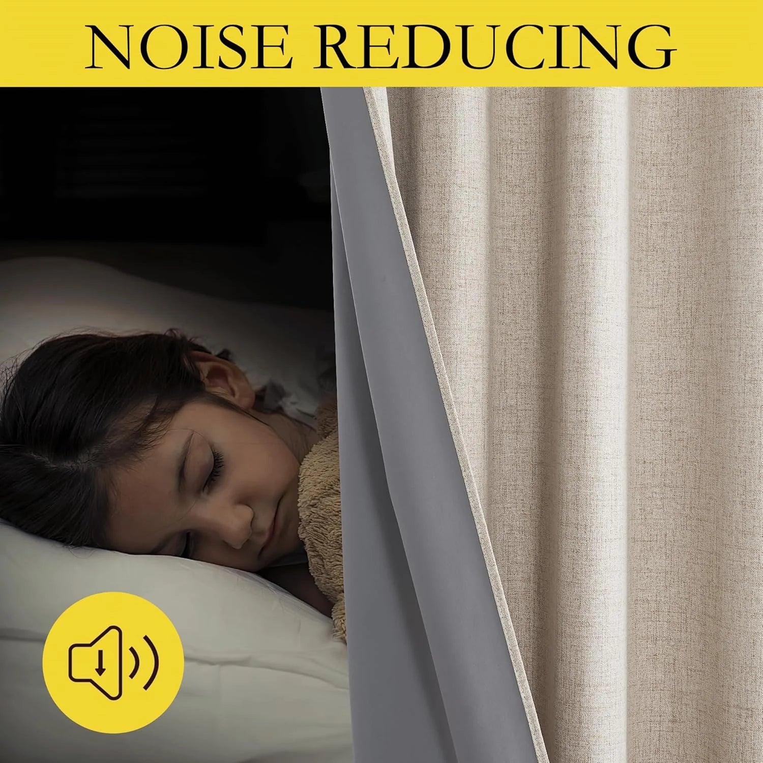 Beige textured blackout curtain beside a sleeping child, highlighting noise reduction