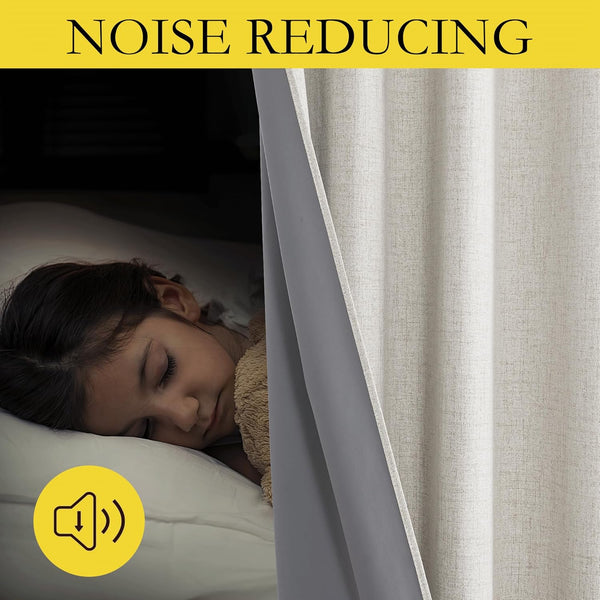 Beige linen-look noise reducing curtains with dark gray lining ensuring quiet sleep for a child.