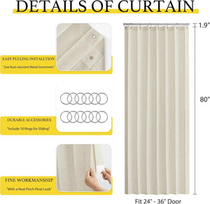 Beige linen door curtain featuring a neat pinch pleat look and metal grommets on a rod.