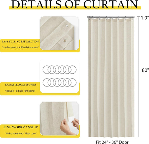 Beige linen door curtain featuring a neat pinch pleat look and metal grommets on a rod.