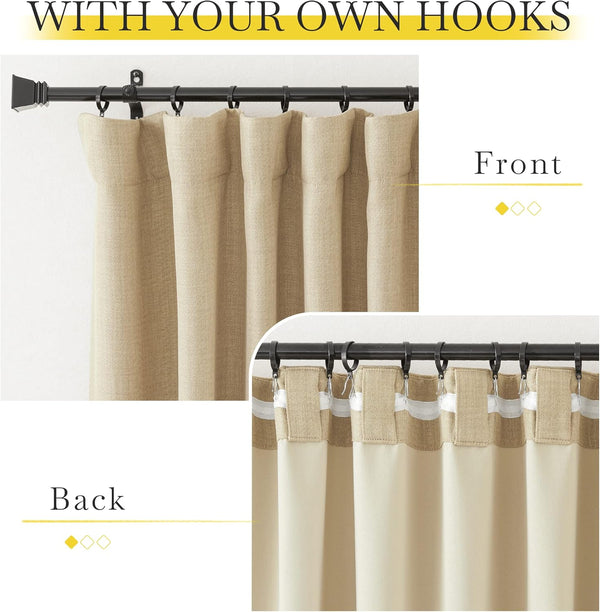Beige linen-blend pinch pleat curtains hanging from a black rod. Inset shows rear view with hook attachment loops.