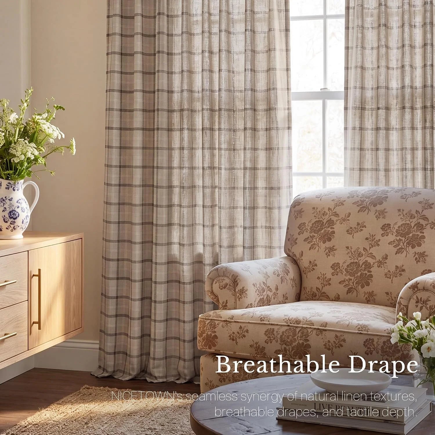 Beige plaid linen-look sheer curtains filtering light in a cozy traditional living room