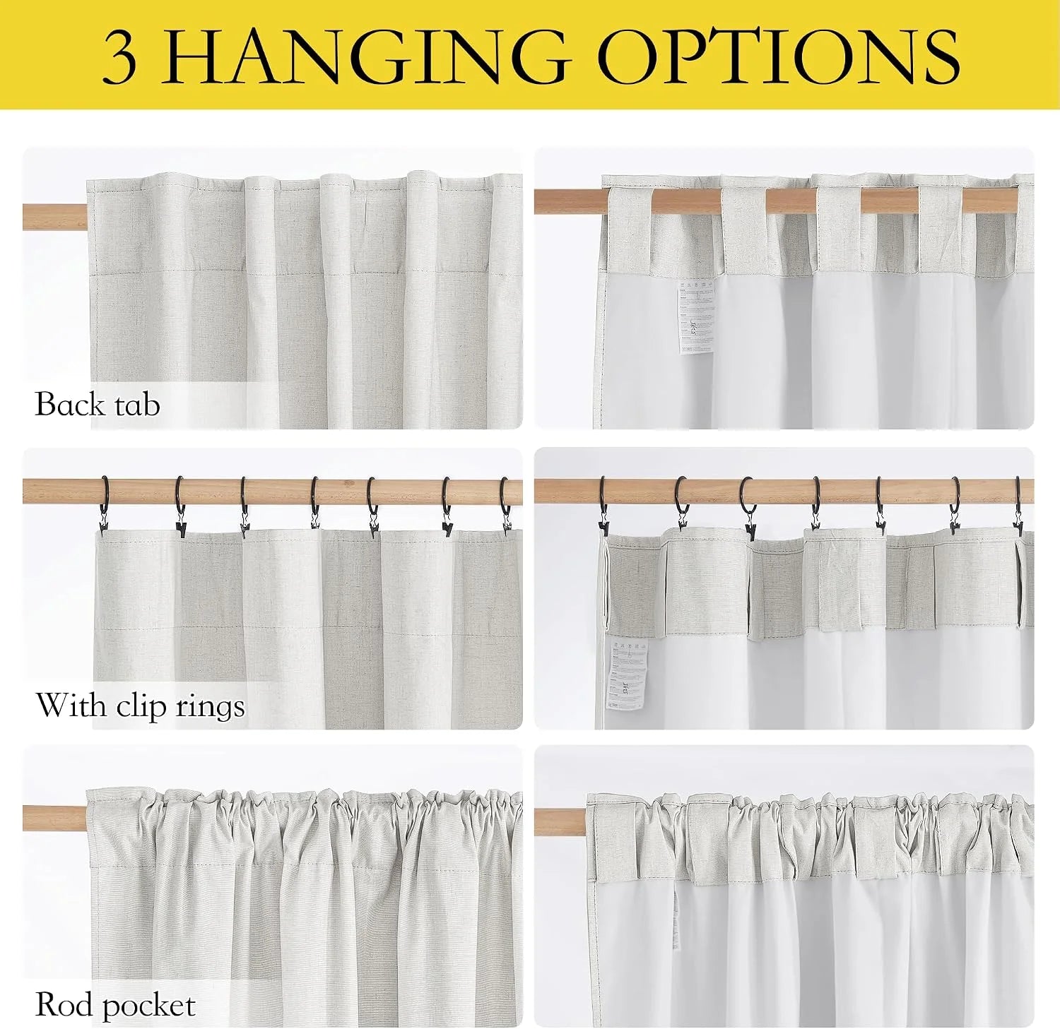 Beige linen sheer curtain panel showing back tab, clip rings, and rod pocket hanging styles