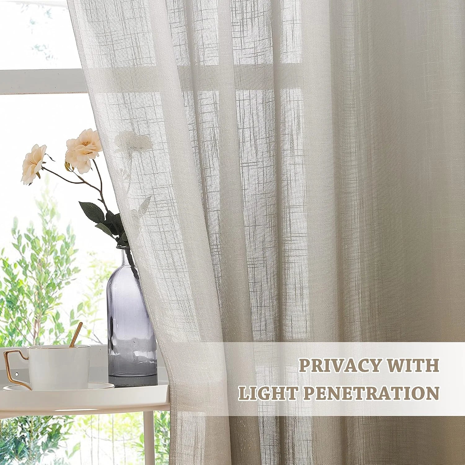 Beige textured sheer linen curtain filtering sunlight by a window with vase and cup