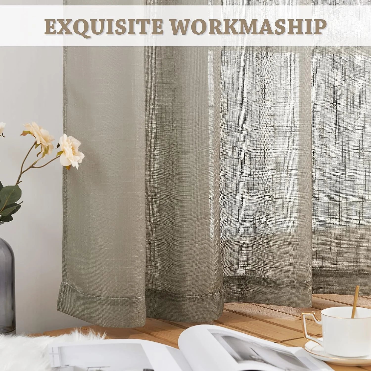 Beige sheer linen-style curtains with textured weave hanging by a sunlit window
