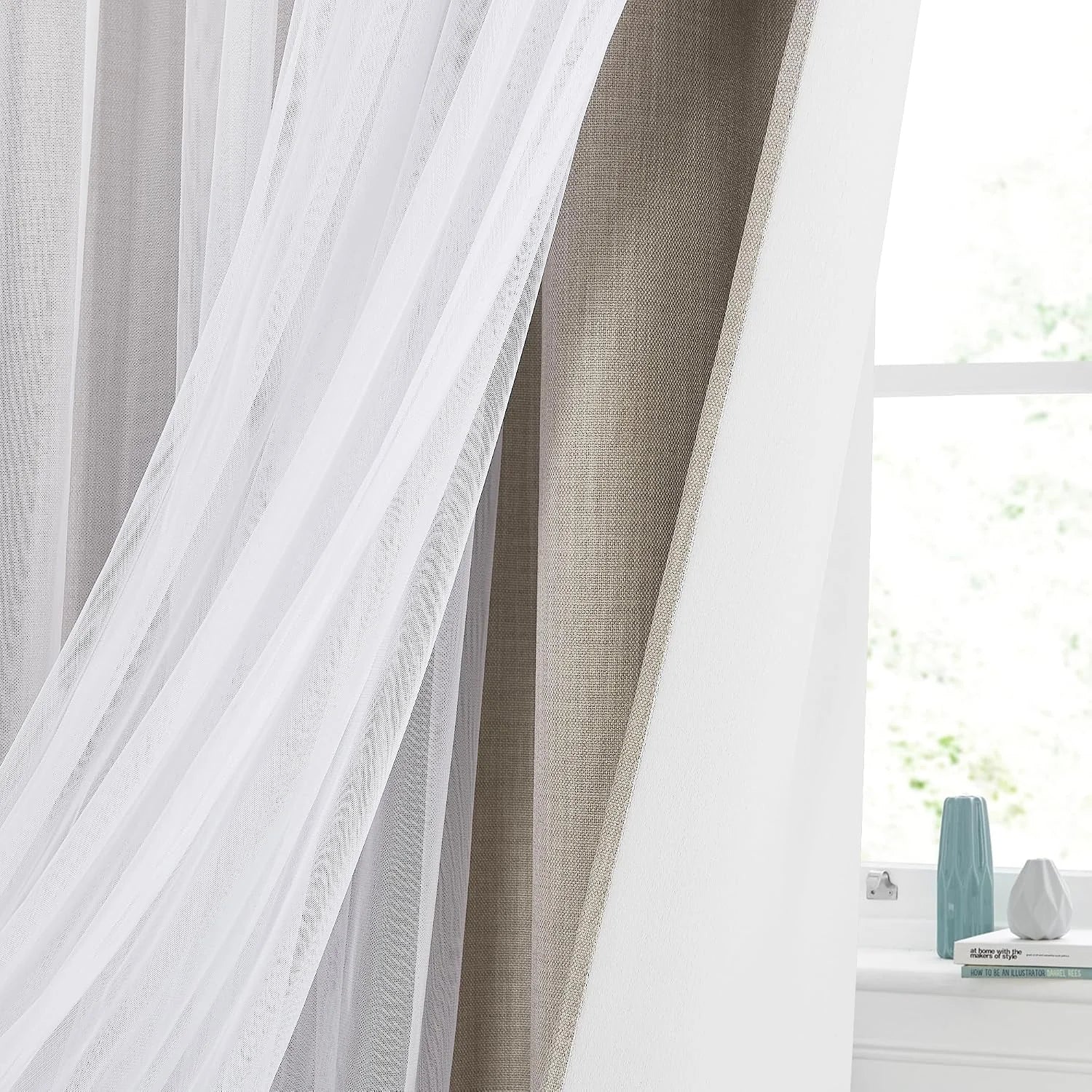 White sheer voile layered with beige linen curtains beside a bright window