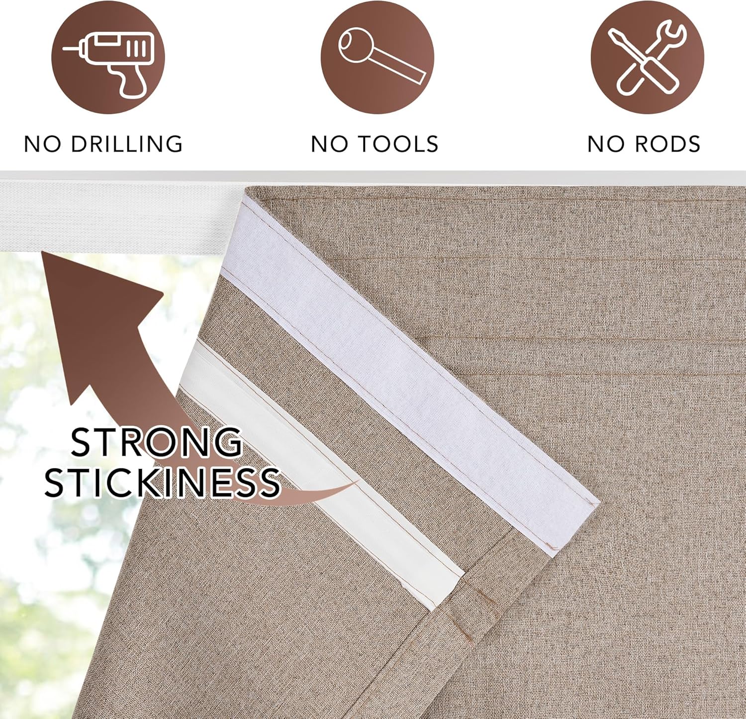 Close-up of a beige linen textured stick-on window blind showing strong adhesive hook and loop strips.