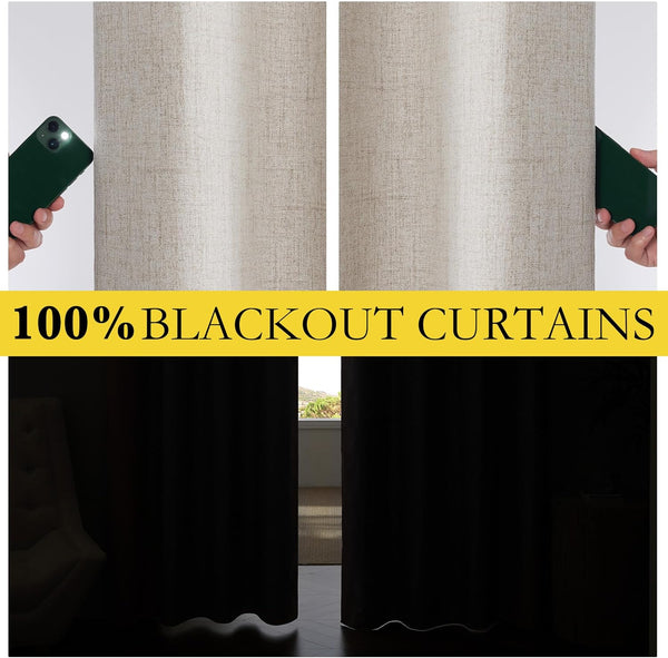 Light beige linen textured blackout curtains demonstrating full light blockage from a flashlight, making a room completely dark.