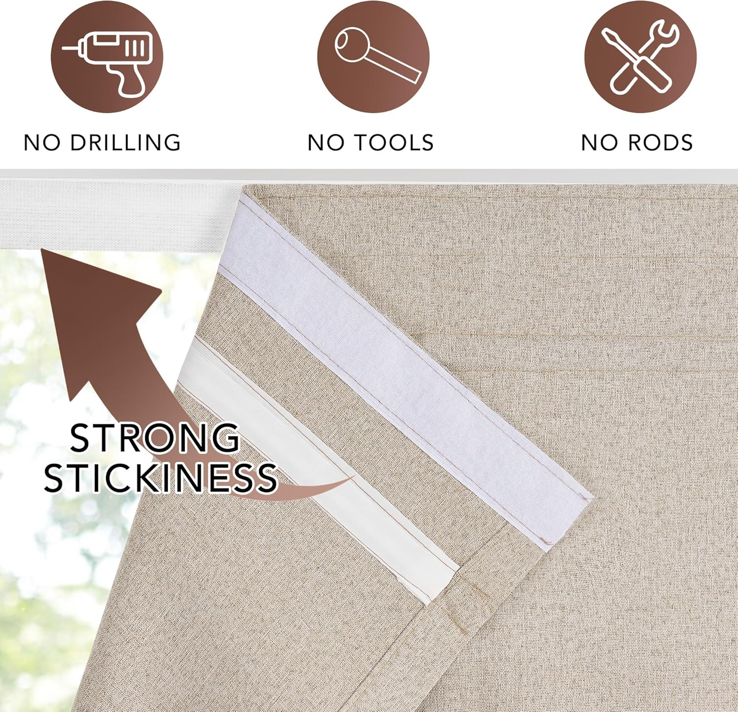 Beige textured linen window shade with strong white adhesive strip for easy, no-drill installation.