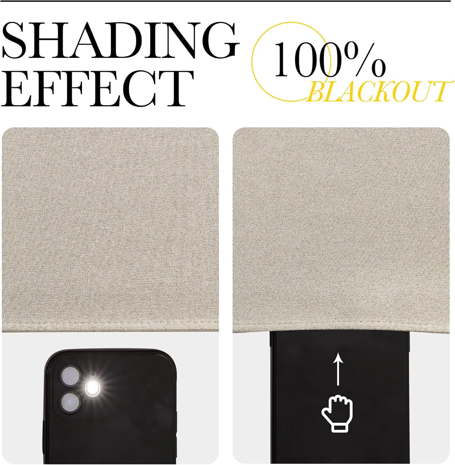 Close-up of beige linen-textured fabric demonstrating 100% blackout effect, completely blocking a phone's flashlight.