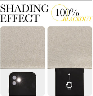 Close-up of beige linen-textured fabric demonstrating 100% blackout effect, completely blocking a phone's flashlight.