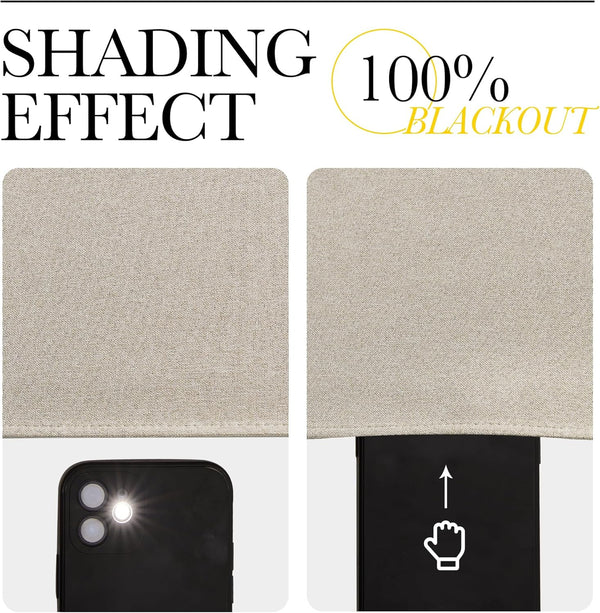 Close-up of beige linen-textured fabric demonstrating 100% blackout effect, completely blocking a phone's flashlight.