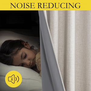 Beige linen texture noise reducing curtains with dark grey lining. A child sleeps soundly in the quiet room.