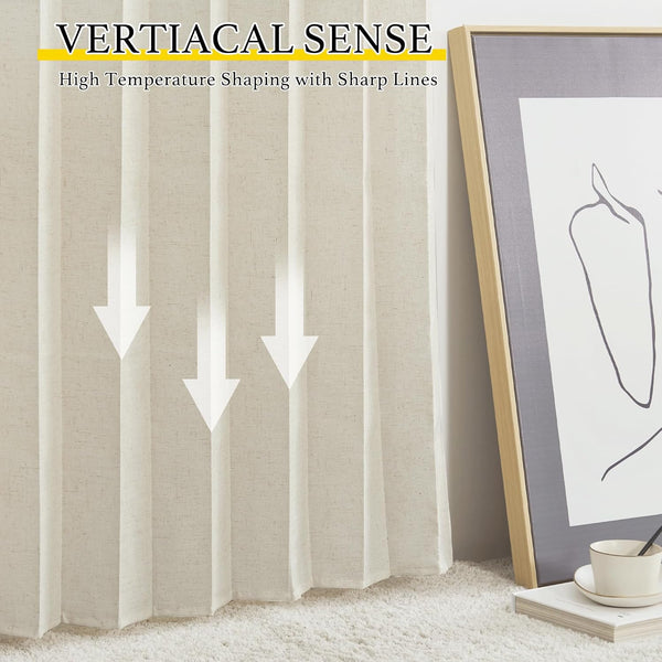 Light beige pleated vertical blinds with sharp lines, subtle linen texture. Modern room decor.