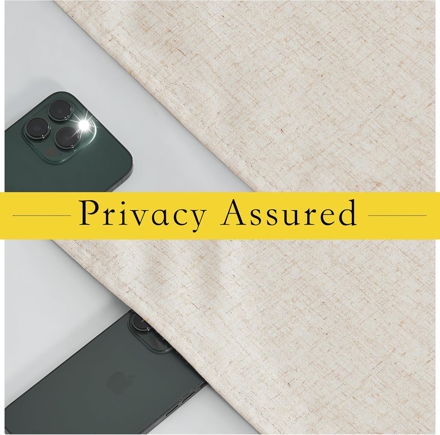 Light beige linen-textured fabric swatch demonstrating privacy by obscuring a dark smartphone placed underneath.