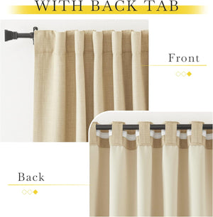 Beige linen textured curtain demonstrating the versatile hidden back tab hanging style