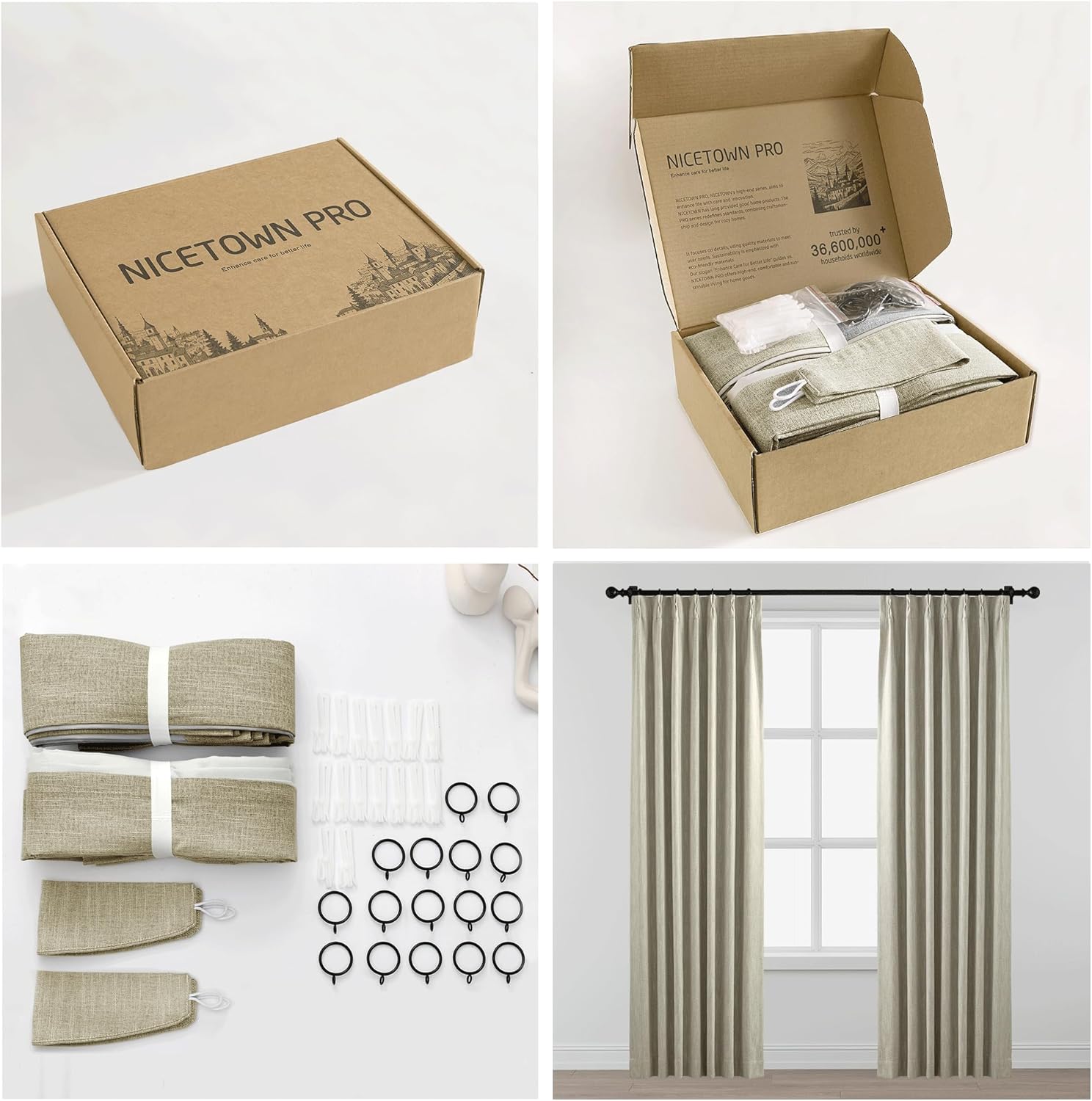 Beige linen textured pleated curtain set, shown packaged and installed on a window, with hooks and rings.
