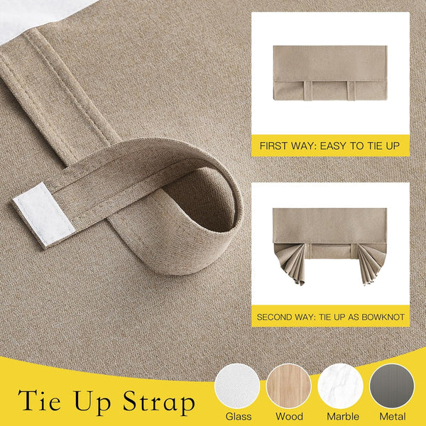 Textured beige tie-up window shade strap with velcro. Demonstrates flat fold and decorative bowknot tying.