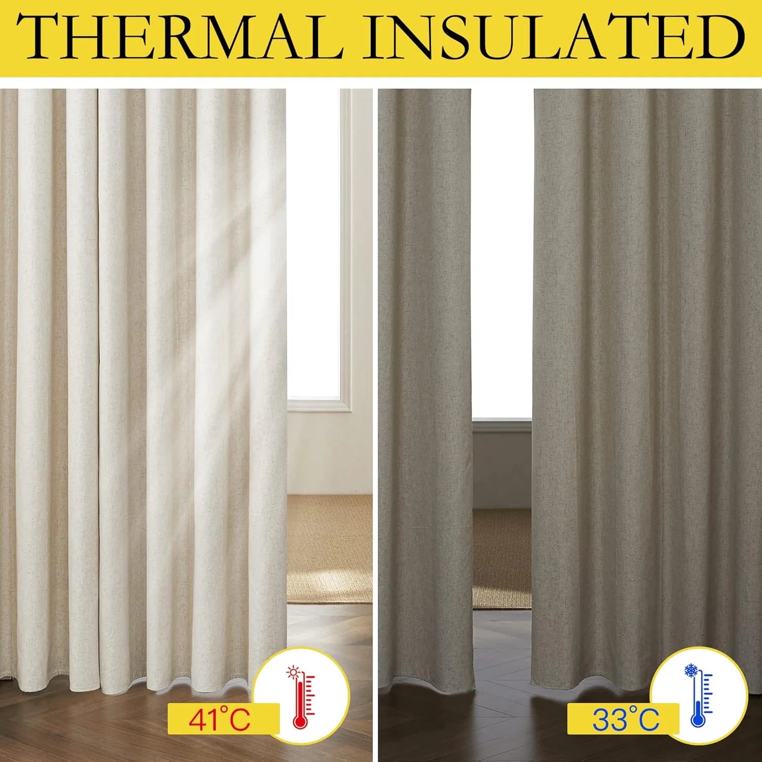Beige textured thermal insulated curtains shown blocking heat and cold by a window