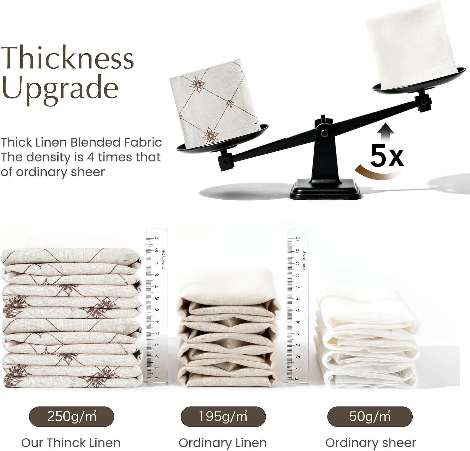 Beige thick linen blend fabric compared with ordinary linen and sheer on a scale
