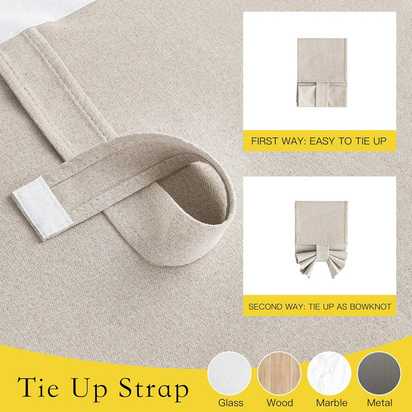 Close-up of beige linen tie-up strap with velcro closure, showing simple and bowknot styles.