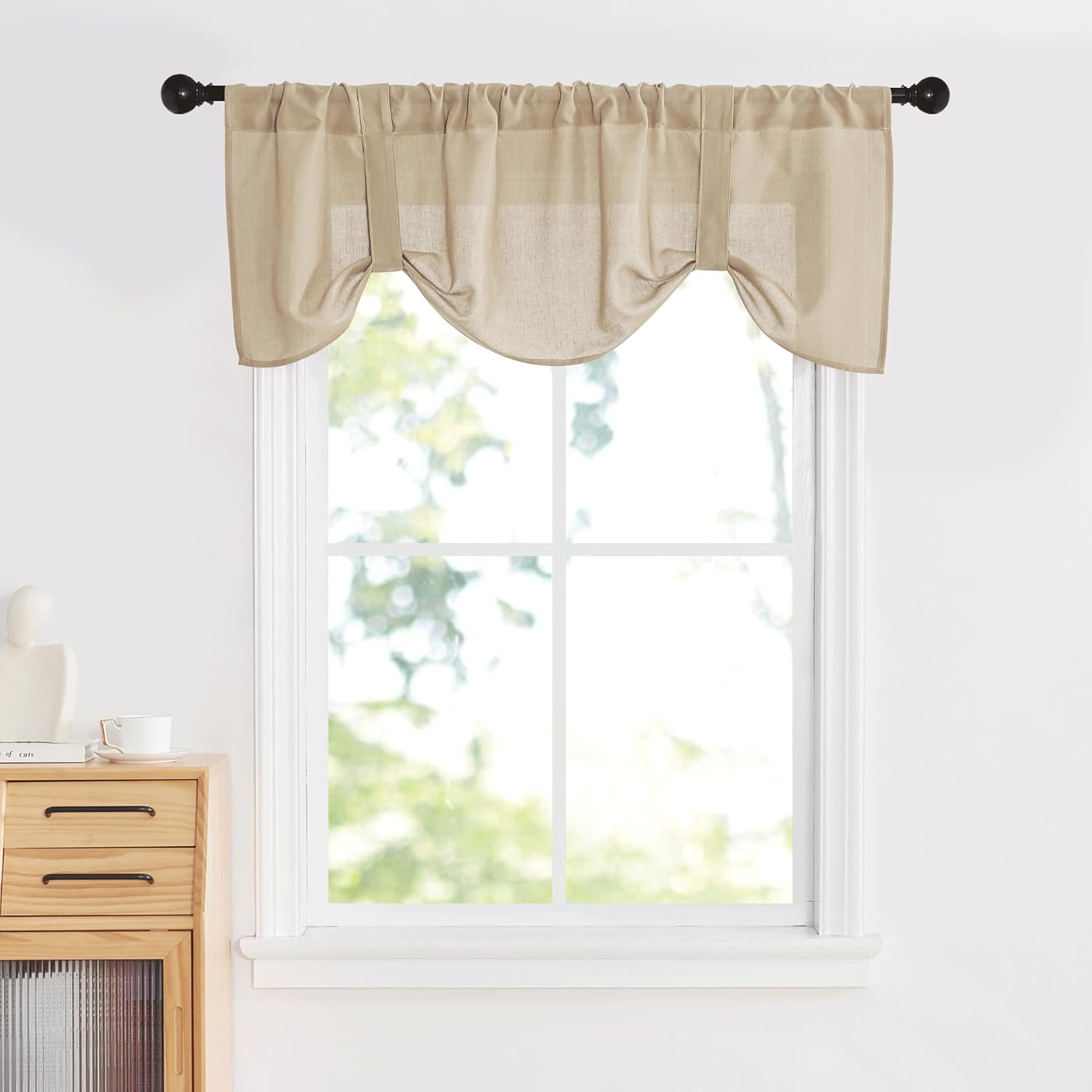 Natural beige linen tie-up valance with a gathered rod pocket top, creating a soft scalloped edge.