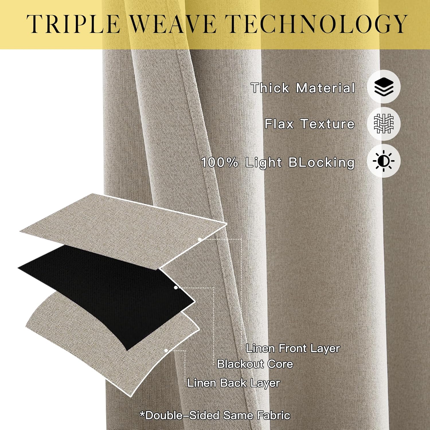 Beige linen textured blackout curtain showing triple weave layers and blackout core for 100% light blocking.