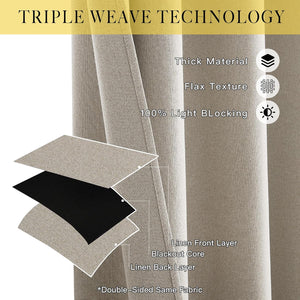 Beige linen textured blackout curtain showing triple weave layers and blackout core for 100% light blocking.