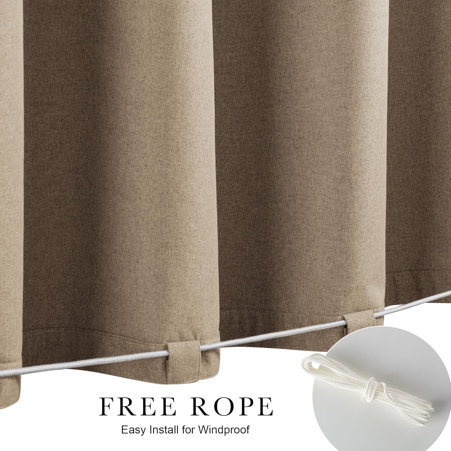 Beige linen-textured outdoor curtains with white windproof rope through bottom loops.