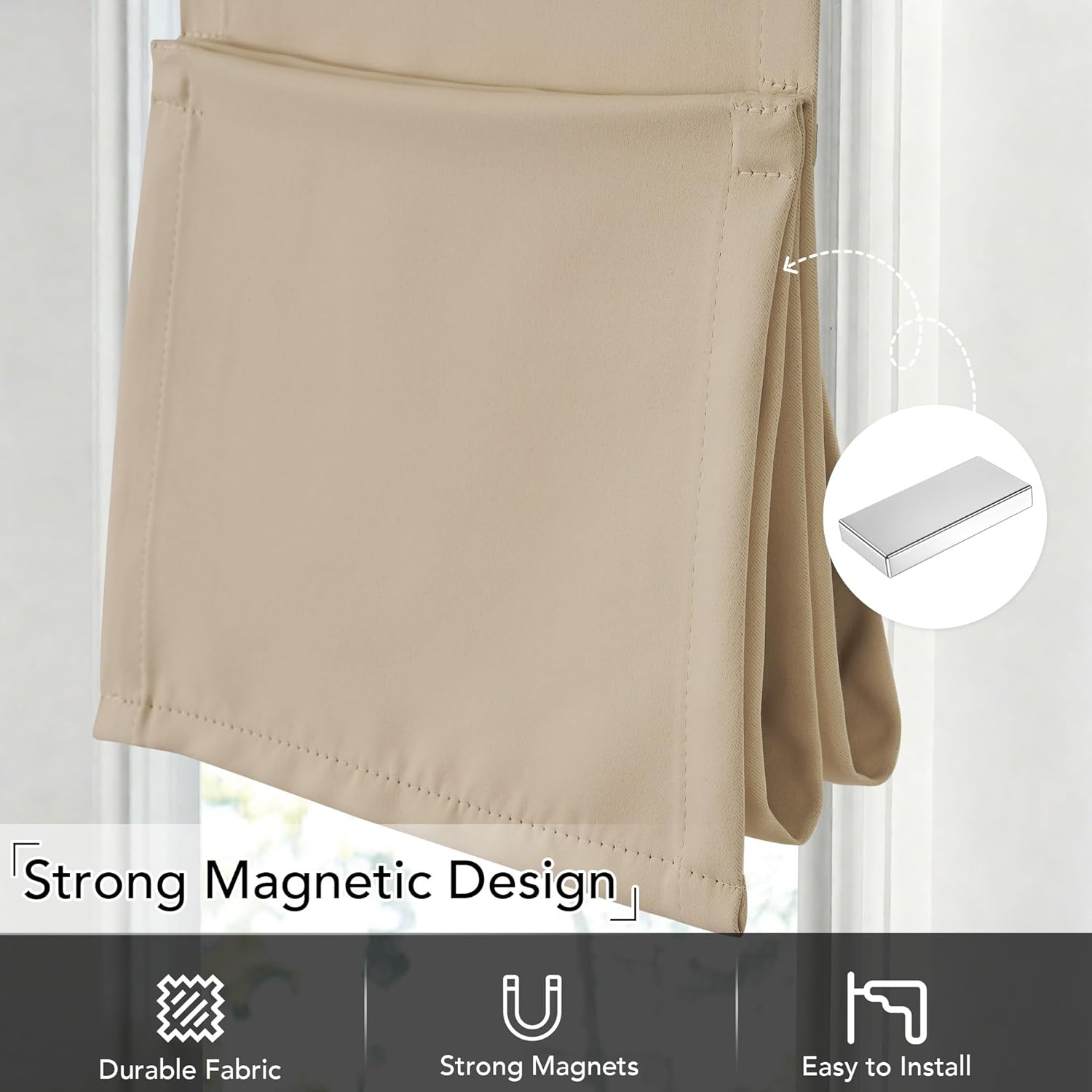 Beige fabric window shade showing strong magnetic design holding a neat fold. Highlights durable material.