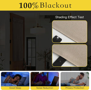 Beige natural woven blackout shade fabric sample showing 100% light blocking, suitable for doors.