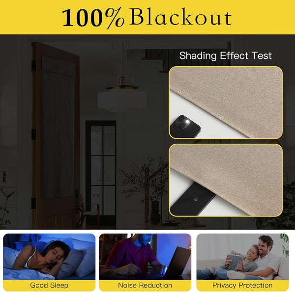 Beige natural woven blackout shade fabric sample showing 100% light blocking, suitable for doors.