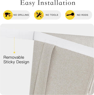 Beige linen-look sticky curtain, showing its removable self-adhesive top for quick, rod-free installation.