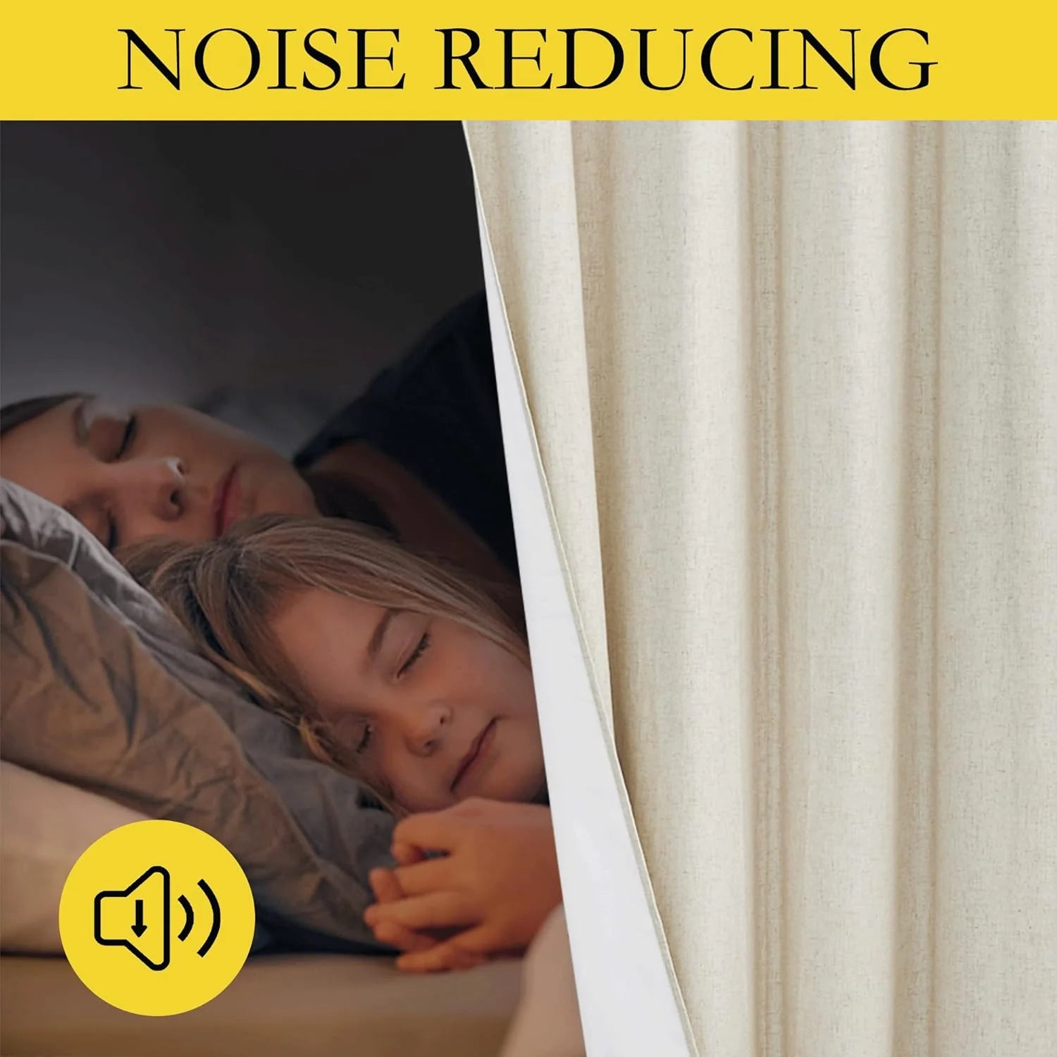 Beige noise-reducing curtain beside a sleeping parent and child in bed