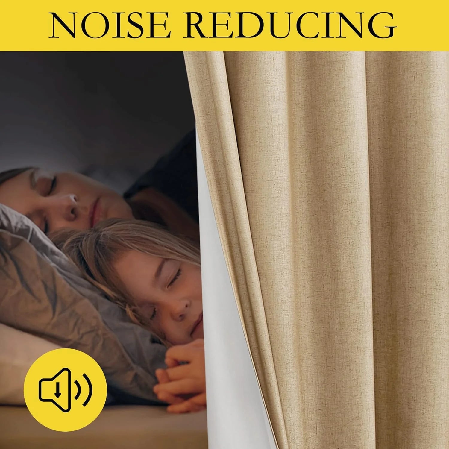 Beige noise-reducing curtain beside a sleeping mother and child in a bedroom