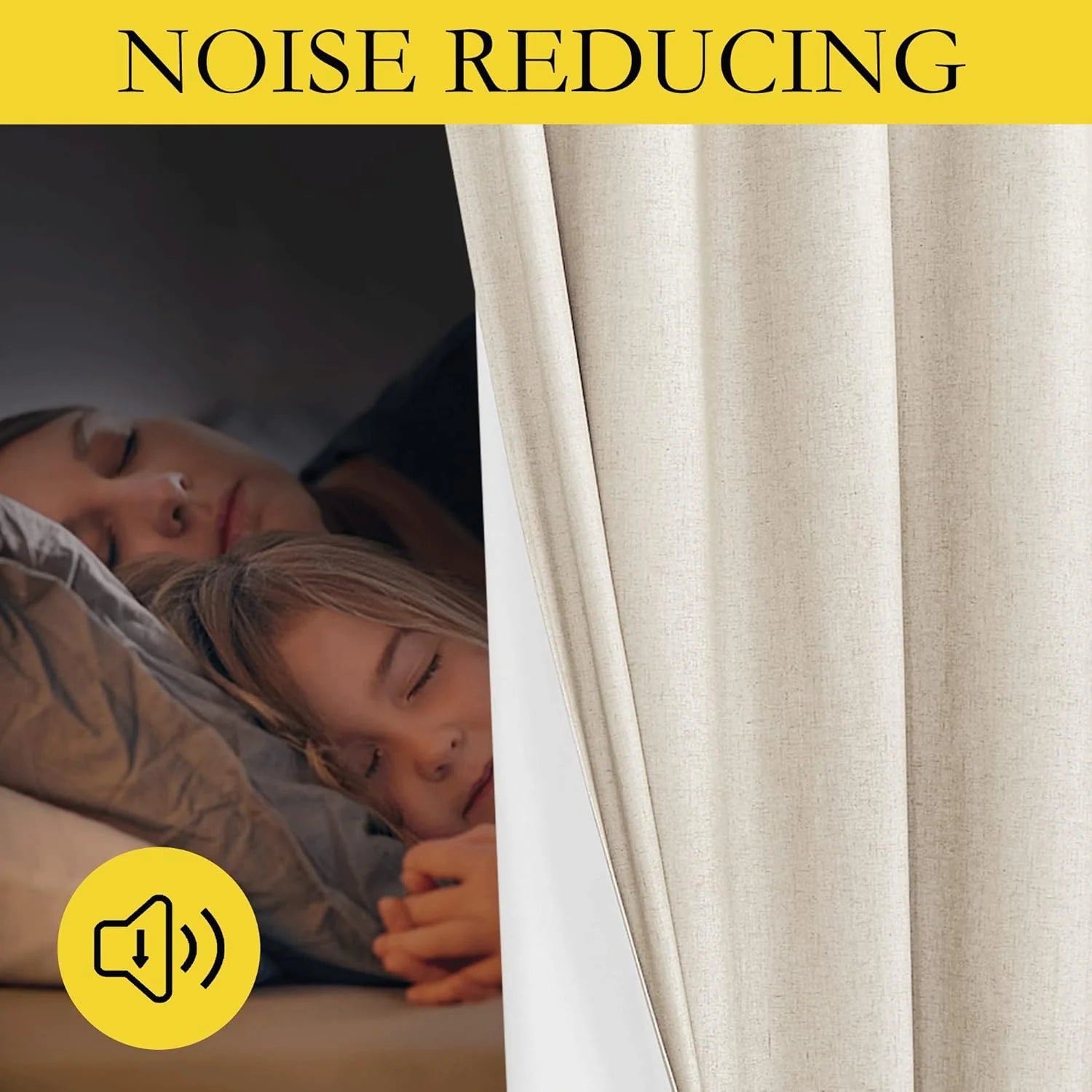Beige noise-reducing curtain beside a sleeping mother and child in bed