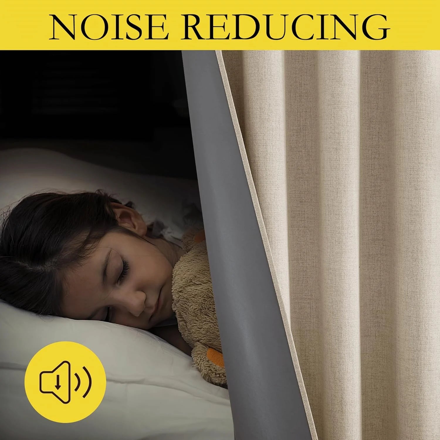 Sleeping child beside beige noise-reducing blackout curtain with textured fabric