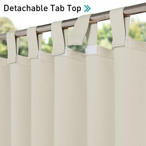 Light beige outdoor curtains with detachable tab top showing hook and loop fasteners on a rod.