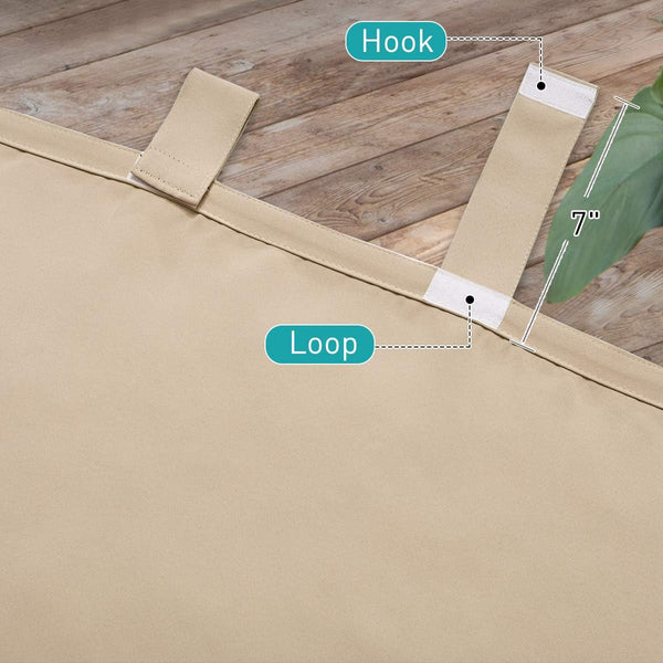 Beige outdoor fabric detail, showcasing a 7-inch tab with hook-and-loop fasteners.
