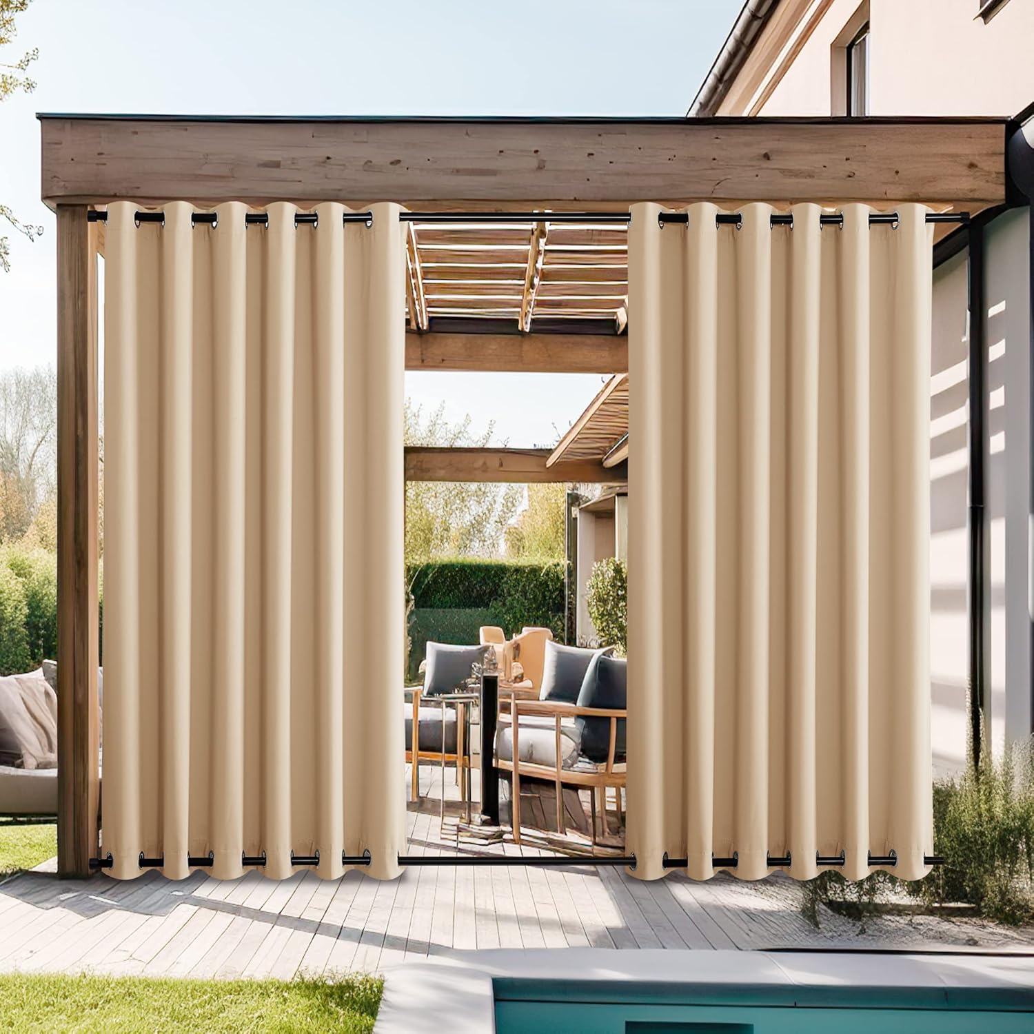 Beige outdoor patio grommet curtains with top and bottom rods on a wooden pergola.