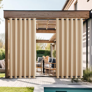 Beige outdoor patio grommet curtains with top and bottom rods on a wooden pergola.